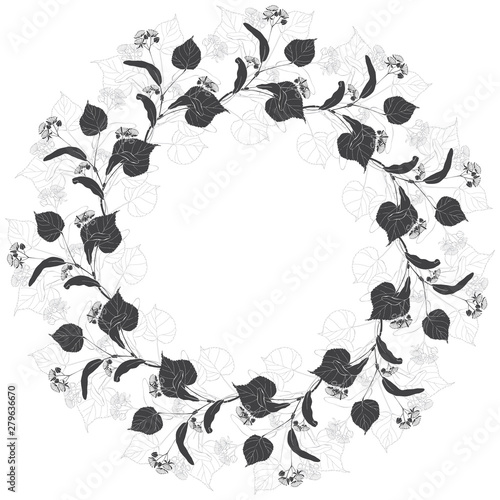 Round frame with linden branch on white background. Floral vector illustration with space for text. Invitation, greeting card or an element for your design. Monochrome.