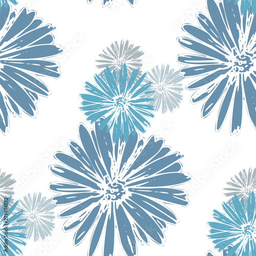 Blue chamomile meadow  wildflower Nature seamless pattern. Silhouette vector. Spring decoration.