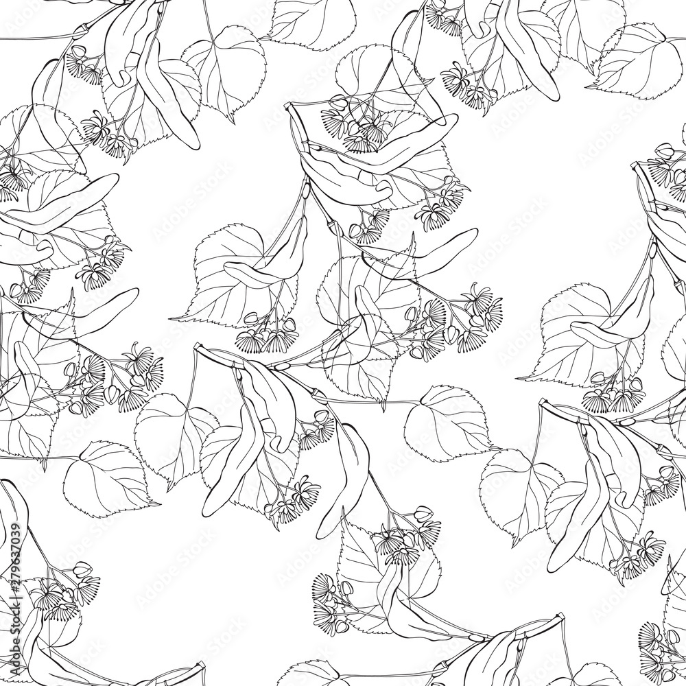 Seamless pattern with linden branches on white background. Line art. Seamless pattern with linden branches on white background. Line art.
