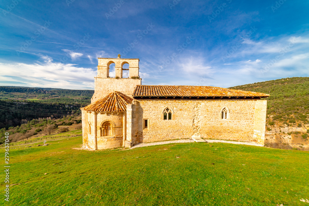 Romanesque hermitage of San Pantaleon de Losa, of the legend of the Holy Grail, in Spain.