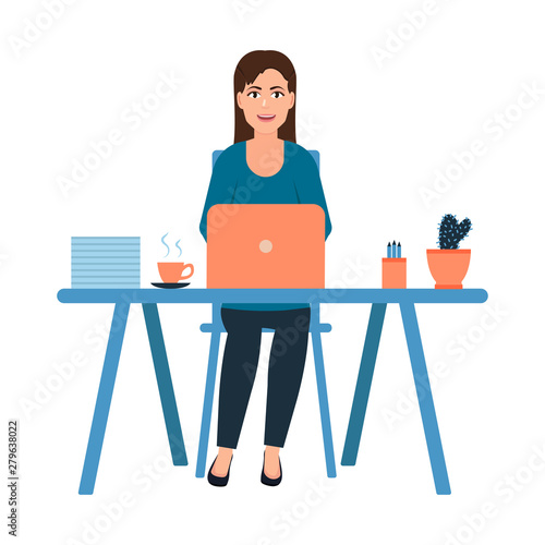 A young girl sits at the workplace, Happy woman work in office, a businesswoman works behind the laptop, character in cartoon style, freelancer vector illustration isolated on white background
