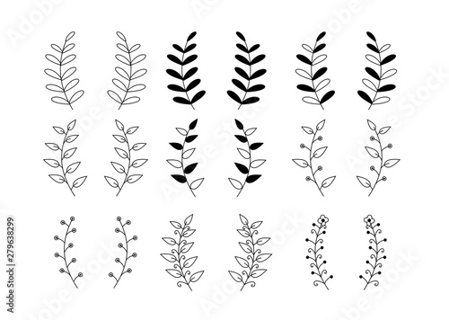 Hand drawn set of floral, plant elements: leaf, branch, vine, flower. Cut isolated vector illustration for your frame, border, ornament design.  photo