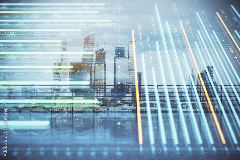 Forex graph hologram with city view from roof background. Double exposure. Stock market concept. Forex graph hologram with city view from roof background. Double exposure. Stock market concept.