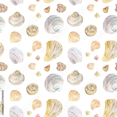 Hand painted watercolor shell seamless pattern