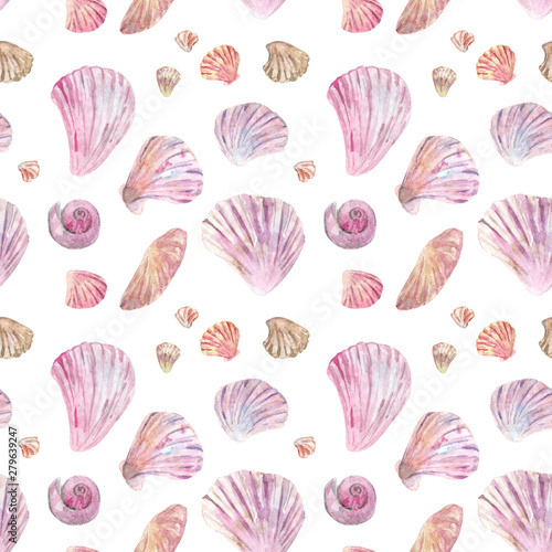 Watercolor seamless pattern with pink shells and mollusk on white background