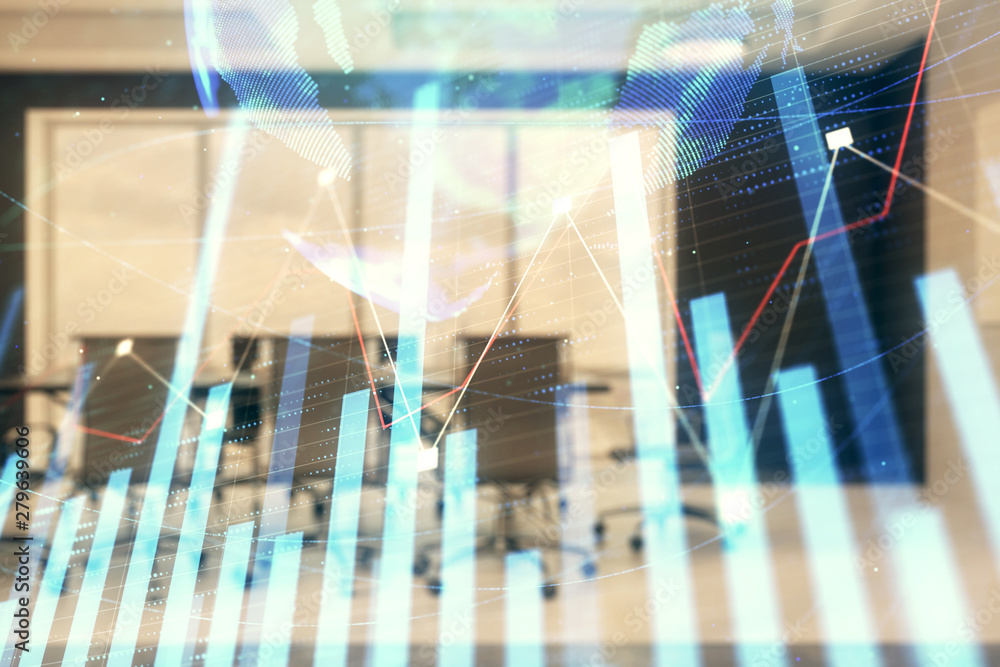 Double exposure of stock market graph with globe hologram on conference room background. Concept of international finance Double exposure of stock market graph with globe hologram on conference room background. Concept of international finance