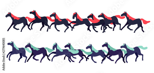 Set of vector horses isolated on white background. A collection of purebred thoroughbred horses in a flat modern style.