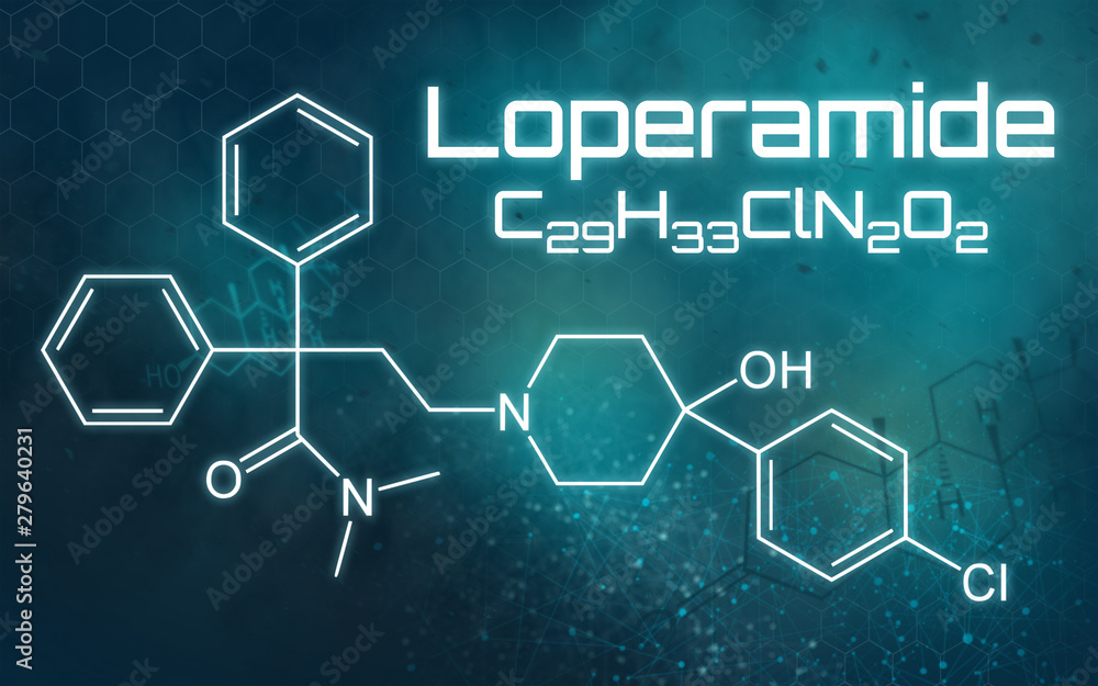Chemical formula of Loperamide on a futuristic background Chemical formula of Loperamide on a futuristic background