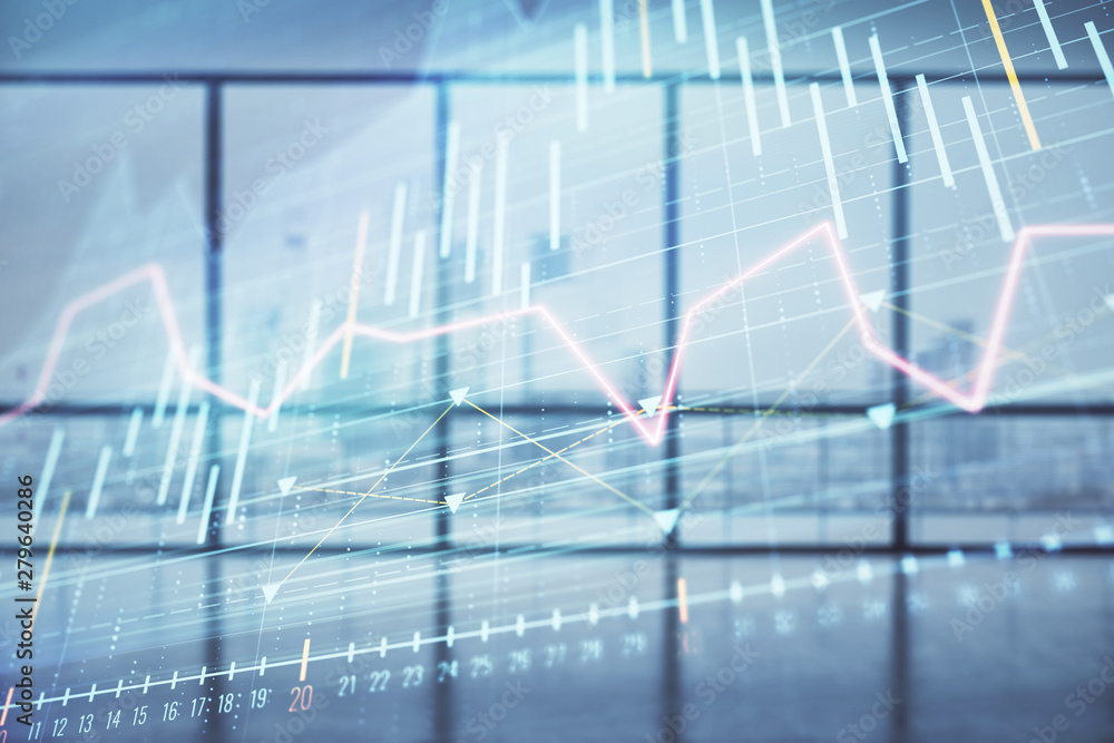 Double exposure of financial chart on empty room interior background. Forex market concept. Double exposure of financial chart on empty room interior background. Forex market concept.