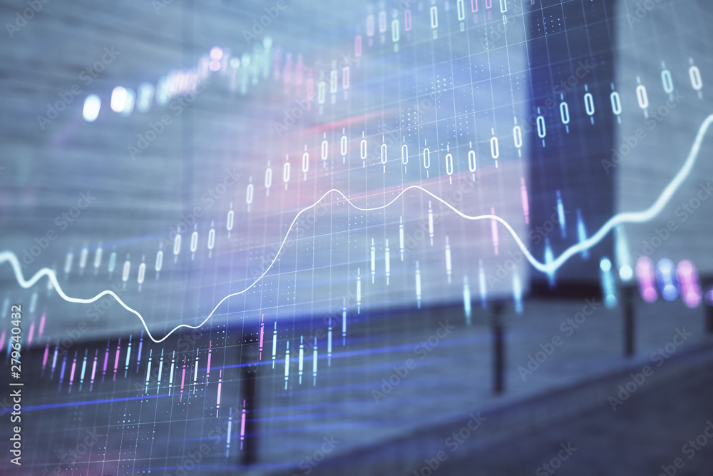 Double exposure of stock market graph on empty exterior background. Concept of analysis Double exposure of stock market graph on empty exterior background. Concept of analysis