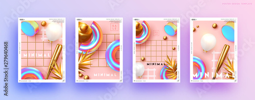 Vector set of abstract backgrounds with 3d realistic design objects, geometric metal elements, golden palm, round sphere and balloon. Banner, posters, cover design template. holographic color and gold