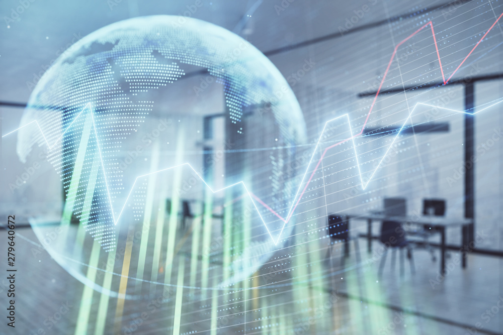 Stock and bond market graph and world map with trading desk bank office interior on background. Multi exposure. Concept of international finance Stock and bond market graph and world map with trading desk bank office interior on background. Multi exposure. Concept of international finance