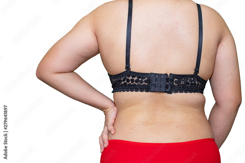 Rear view of Fat woman wearing black bra and red panties Stock