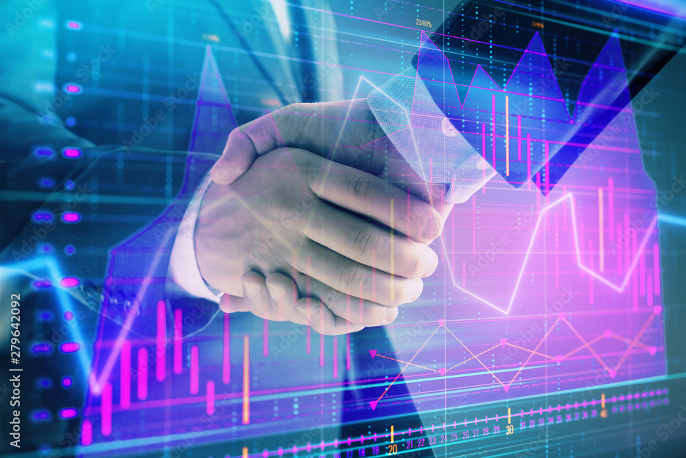 Multi exposure of forex graph on abstract background with two businessmen handshake. Concept of success on stock market Multi exposure of forex graph on abstract background with two businessmen handshake. Concept of success on stock market