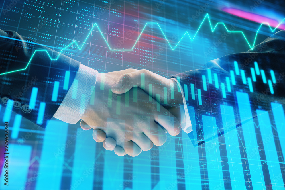 Multi exposure of forex graph on abstract background with two businessmen handshake. Concept of success on stock market Multi exposure of forex graph on abstract background with two businessmen handshake. Concept of success on stock market