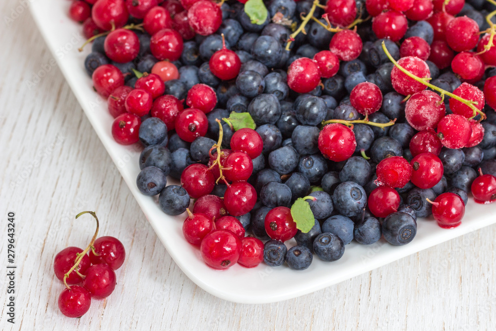 Fresh forest blueberries and frozen currants on a white background. Top view