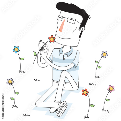 man smells a flower at the flower garden