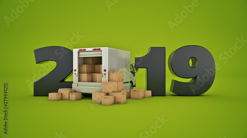 delivery truck concept 2019 New Year sign. 3d rendering