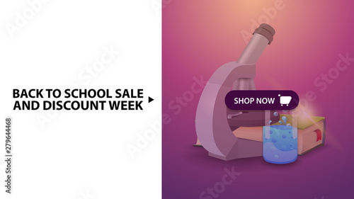 Back to school and discount week, pink horizontal discount web banner with microscope, books and chemical flask
