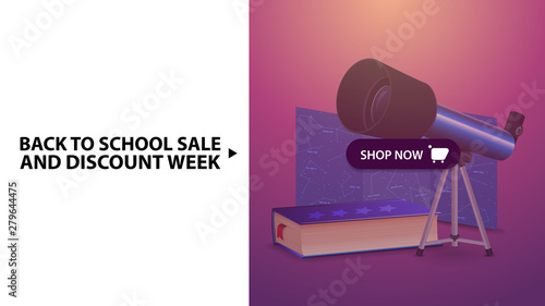Back to school and discount week, pink horizontal discount web banner with telescope, map of the constellations and the encyclopedia of astronomy