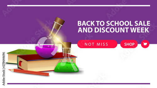Back to school and discount week, horizontal discount web banner with books and chemical flasks