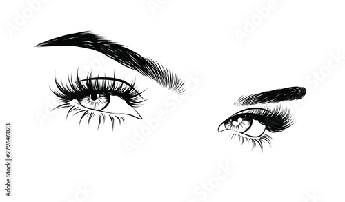 Abstract fashion illustration of the eye with creative makeup. Hand drawn vector idea for business visit cards, templates, web, salon banners,brochures. Natural eyebrows and glam eyelashes
