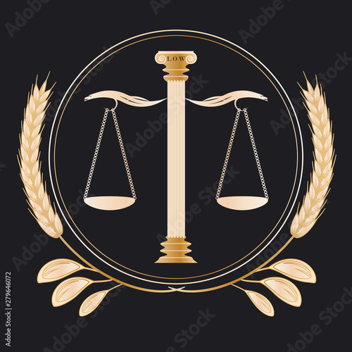 Scales of Justice - icon round, decorated - black gold - vector.