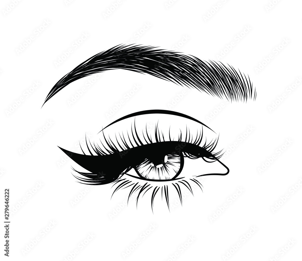 Obraz premium Abstract fashion illustration of the eye with creative makeup. Hand drawn vector idea for business visit cards, templates, web, salon banners,brochures. Natural eyebrows and glam eyelashes