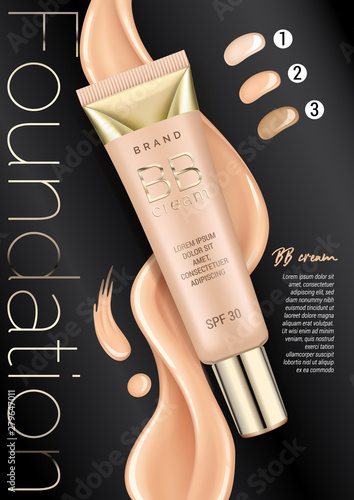 Foundation makeup, advertising design template for catalog with concealer, BB cream packaging tube mock up with liquid foundation in the background vector illustration.