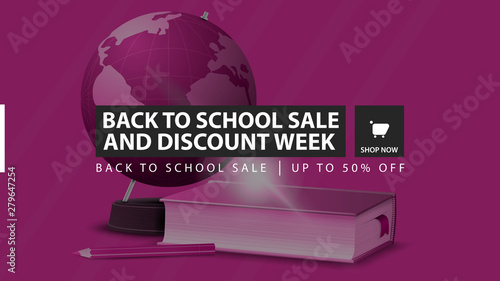 Back to school sale and discount week, pink horizontal discount banner with globe and school textbooks