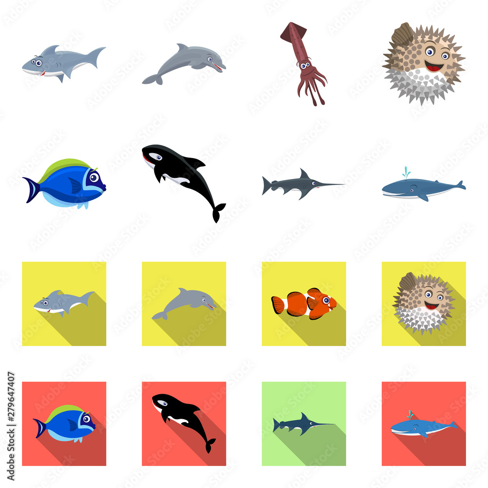 Vector illustration of sea and animal symbol. Collection of sea and marine stock symbol for web. Vector illustration of sea and animal symbol. Collection of sea and marine stock symbol for web.