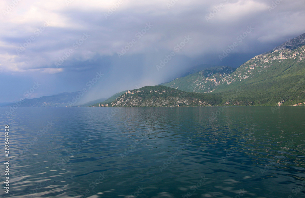 Formation of a storm front in the mountains on Lake Ohrid, Republic of North Macedonia