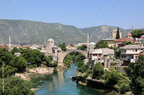Beautiful view of the city Mostar with Stari Most bridge, Neretva river, Bosnia and Herzegovina