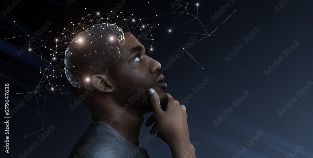 Ideas escape from brain of pensive african man - obrazy, fototapety, plakaty 