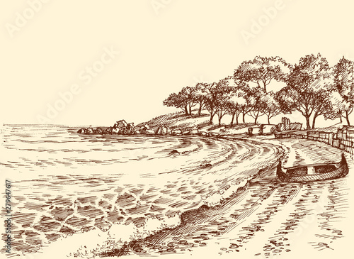 Beach, sea and a boat on shore hand drawing