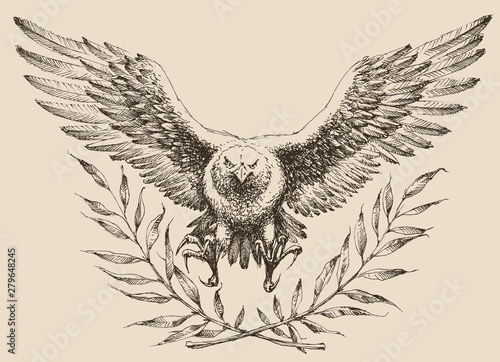 Flying eagle, laurel wreath emblem. Strenght and freedom symbol
