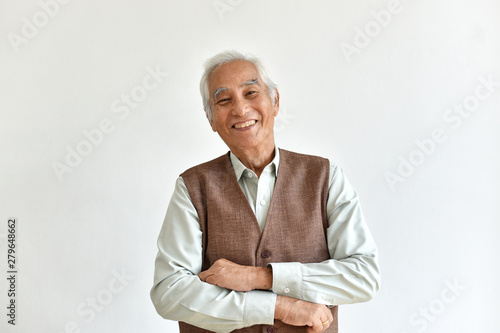 Asian senior old man, Confident and smiling elderly people with folded arms gesture on white background, Happy retiree citizen concept.
