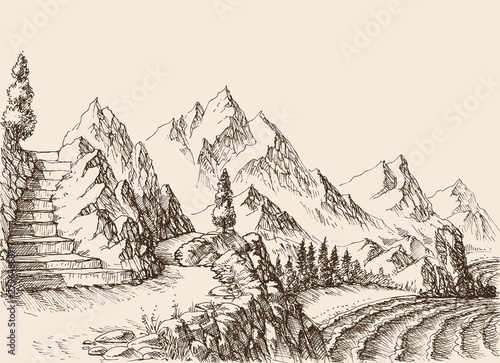 A stair in the mountains, alpine landscape and sea shore