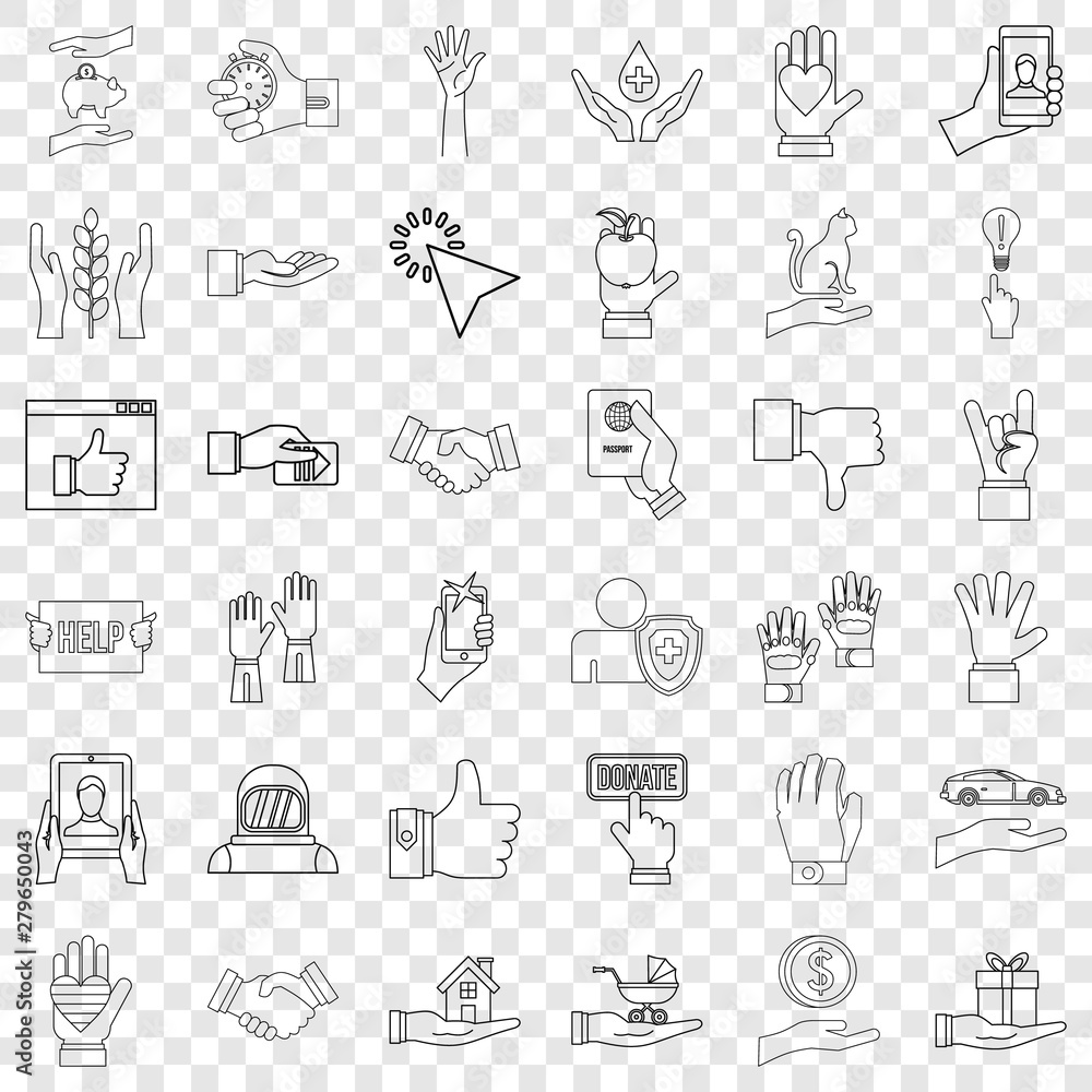 Hand icons set. Outline style of 36 hand vector icons for web for any design