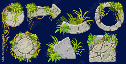 Set cartoon game wooden and stone boards in jungle style with space for text. Isolated gui panels with tropical lianas and rocks. Vector illustration on dark background.