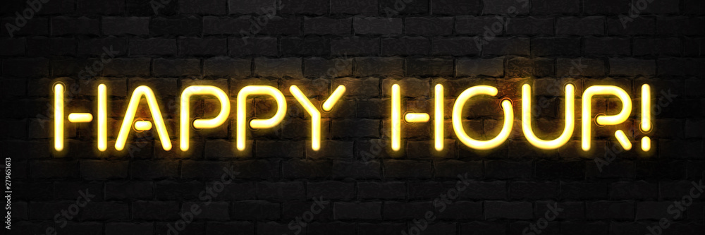 Vector realistic isolated neon sign of Happy Hour typography logo for