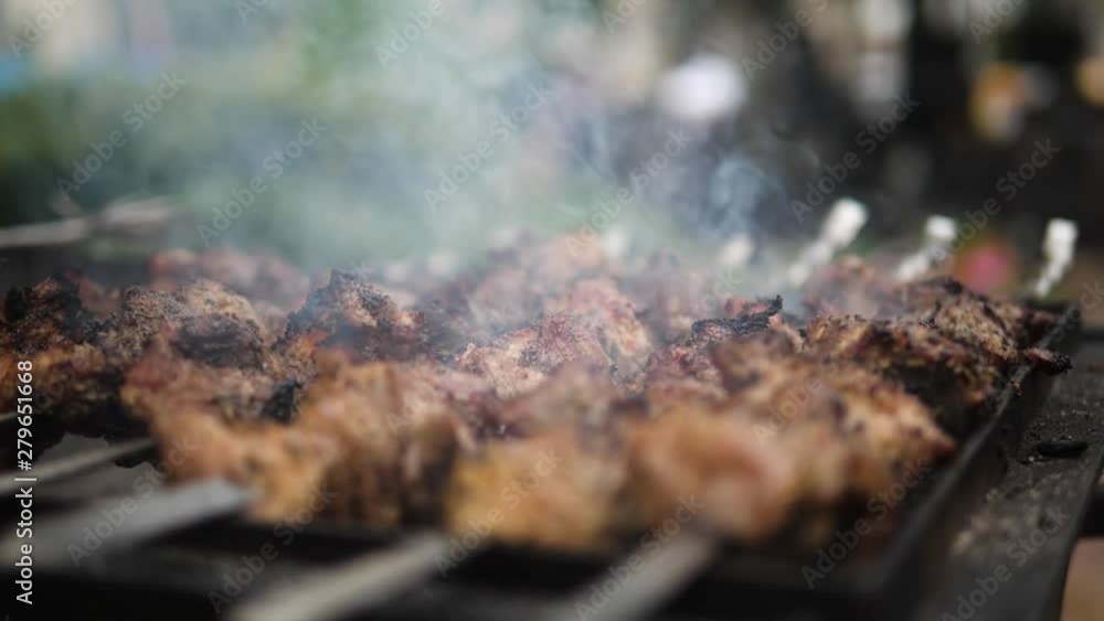 Grilling Marinated Shashlik skewered meat on a Grill BBQ. Beef prepared on fire. Barbecue party in slow motion Grilling Marinated Shashlik skewered meat on a Grill BBQ. Beef prepared on fire. Barbecue party in slow motion