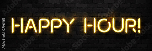 Vector realistic isolated neon sign of Happy Hour typography logo for template decoration and covering on the wall background. Concept of free drinks and night club.