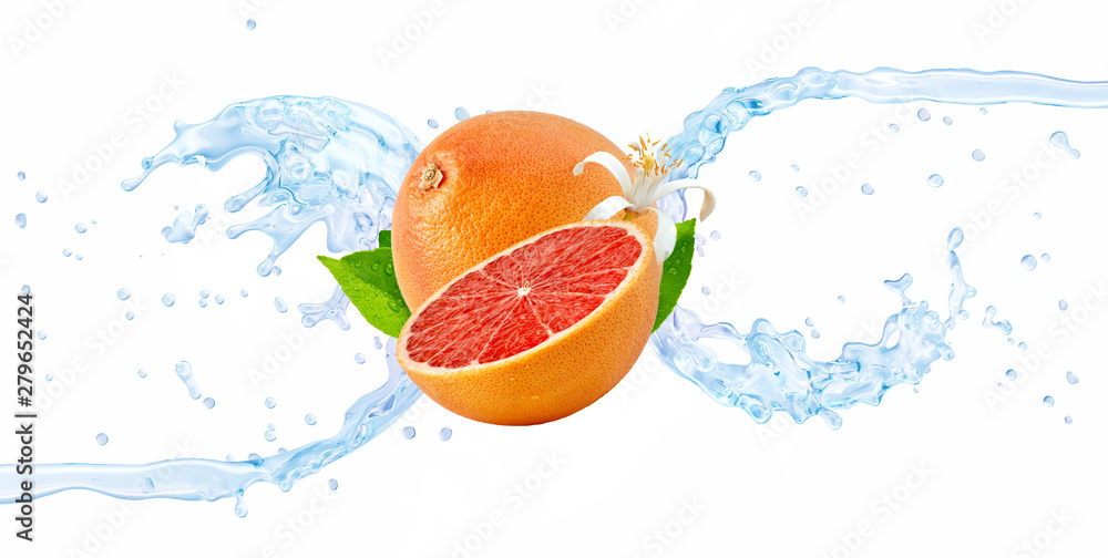 Fresh cold pure grapefruit flavored water wave splash isolated on white