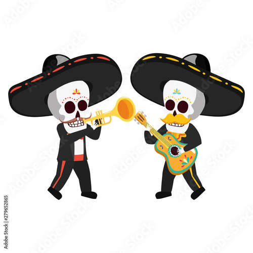 mexican skulls mariachis with trumpet and guitar
