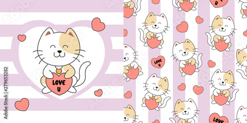 Hand drawn cute cat seamless pattern