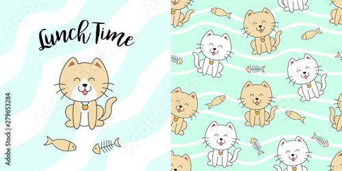 Hand drawn cute cat seamless pattern
