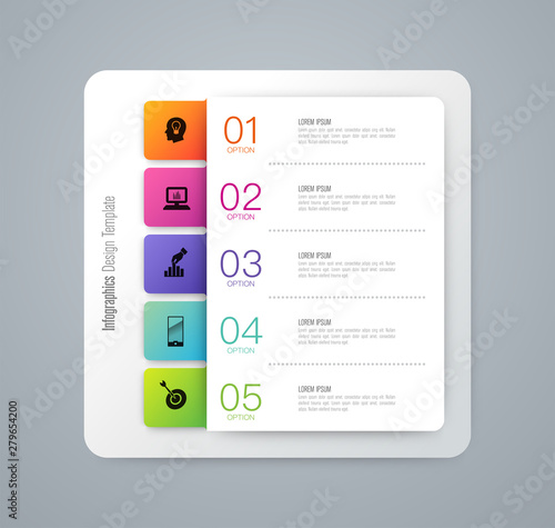Infographics design paper art style and business icons with 5 options. Use in corporate report, marketing, annual report. Network management data screen with charts, diagrams.