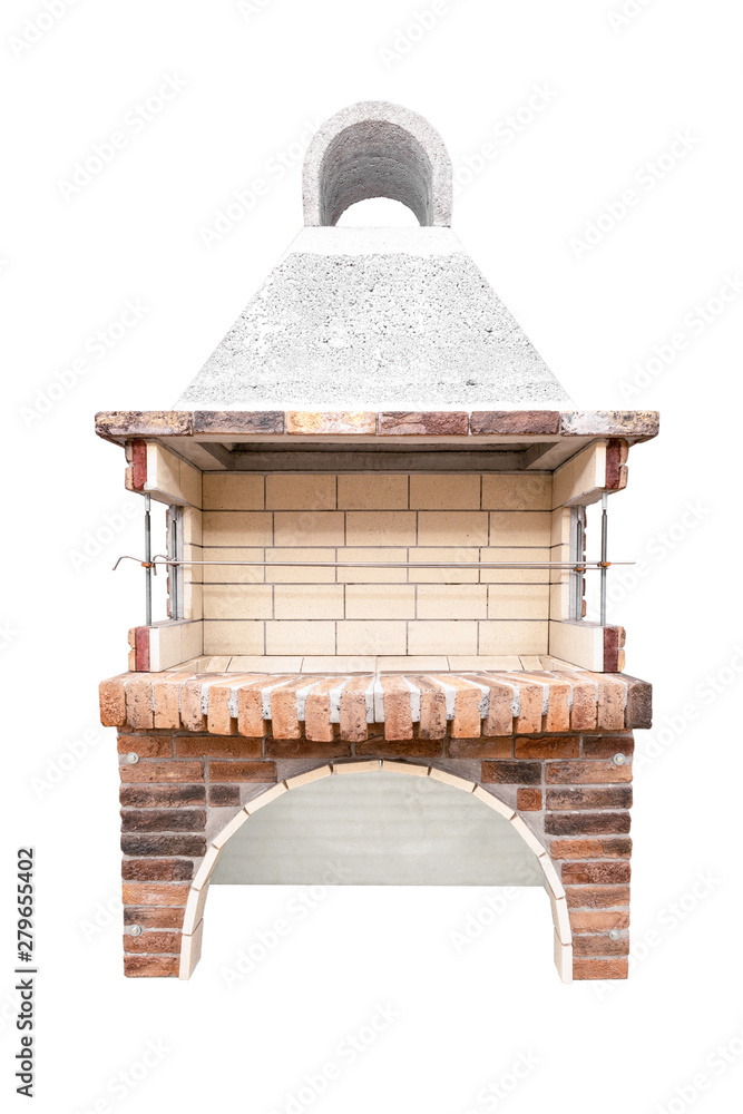 Barbecue Open Fireplace For Cookout Food. Outdoor BBQ Grill. Open Summer Kitchen. Barbeque Grill Made From Bricks On The Backyard. Isolated On a White Background.
