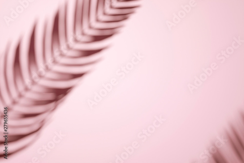 Two palm fronds casting shadows on a pastell pink wall